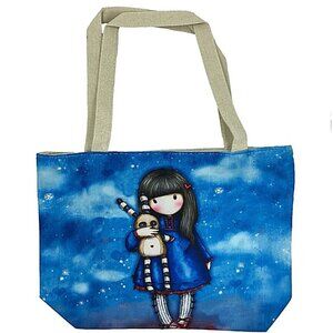 Blue Artistic Cute Girl & Bunny Print Canvas Tote Bag School Office Gift